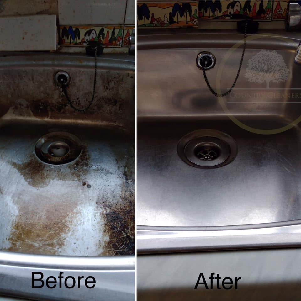 Before and after of a sink cleaned by Country Cleaners in Sidmouth