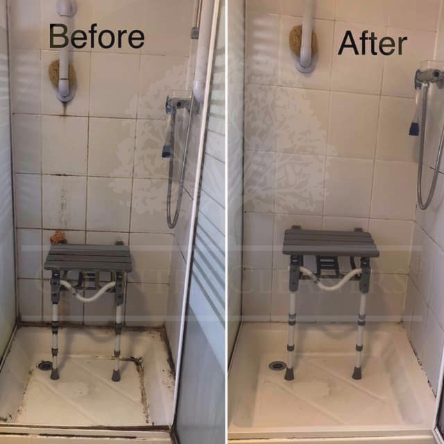 A before and after picture of a shower cubicle cleaned by Country Cleaners in Sidmouth